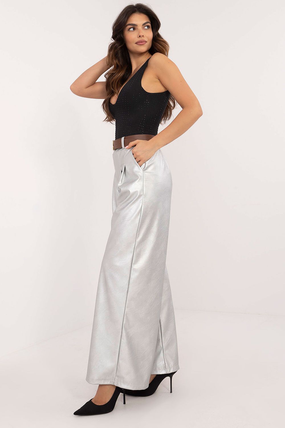 Luxury Eco Leather Wide Leg Trousers with Buckled Waistband for Women - High Rise - EU Size 0