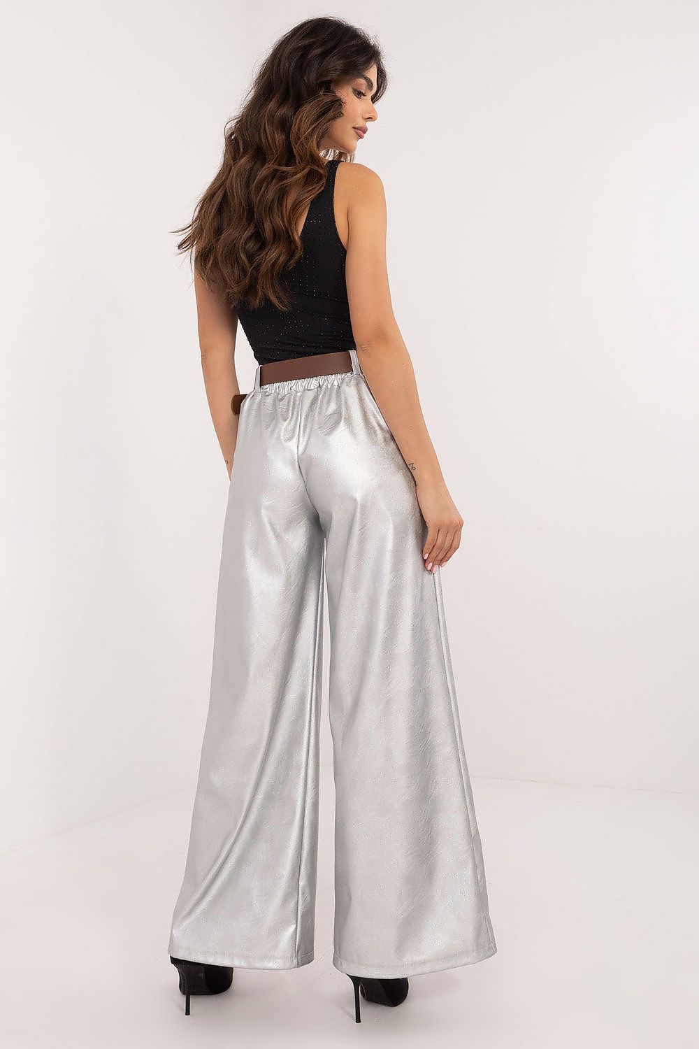 Luxury Eco Leather Wide Leg Trousers with Buckled Waistband for Women - High Rise - EU Size 0