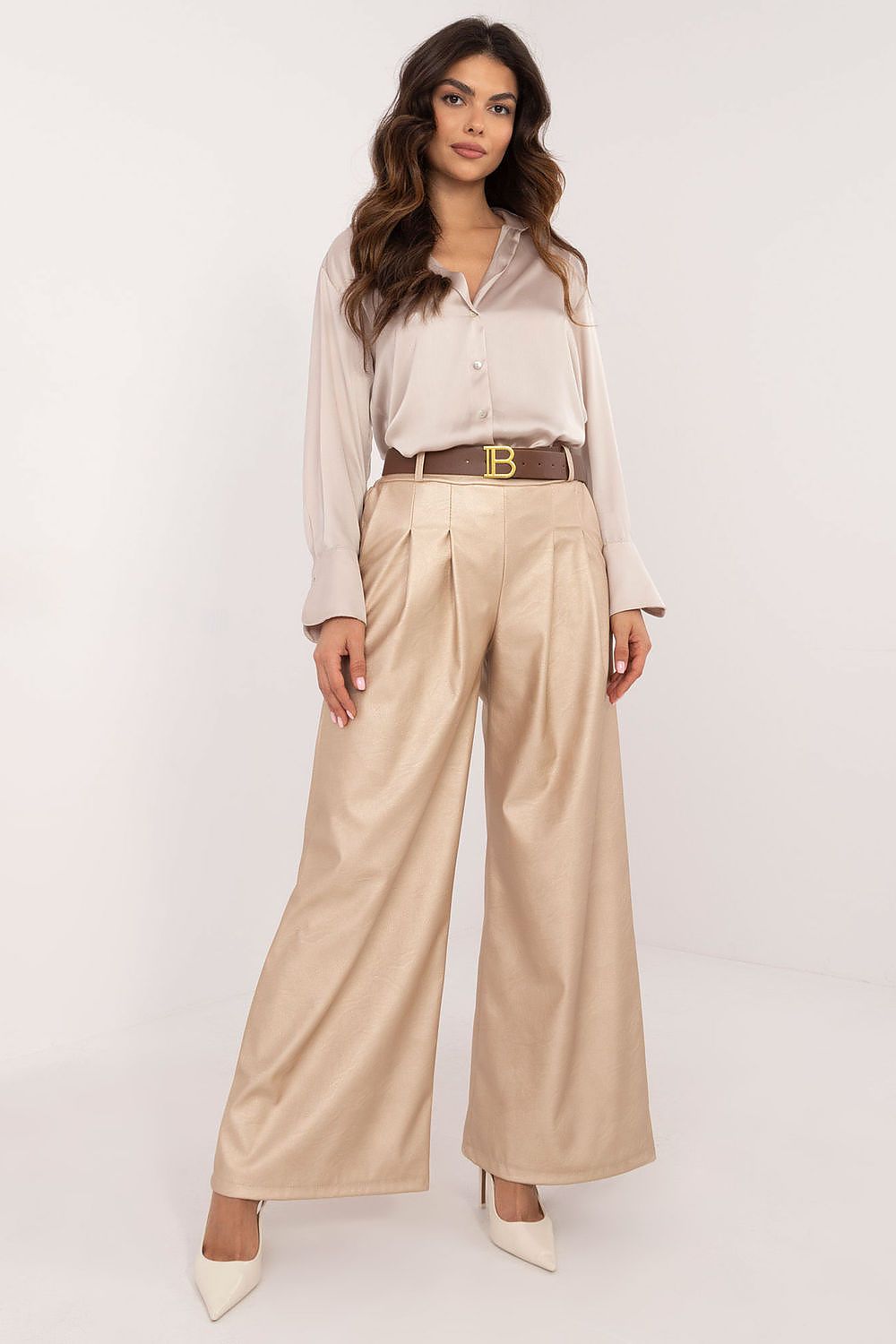 Luxury Eco Leather Wide Leg Trousers with Buckled Waistband for Women - High Rise - EU Size 0