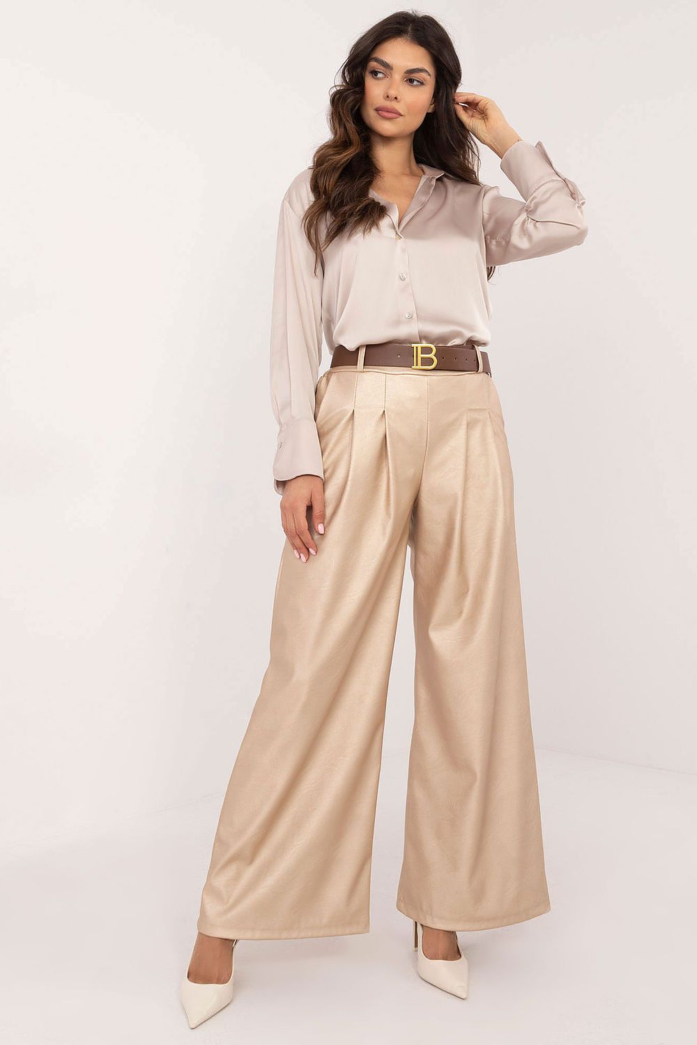 Luxury Eco Leather Wide Leg Trousers with Buckled Waistband for Women - High Rise - EU Size 0