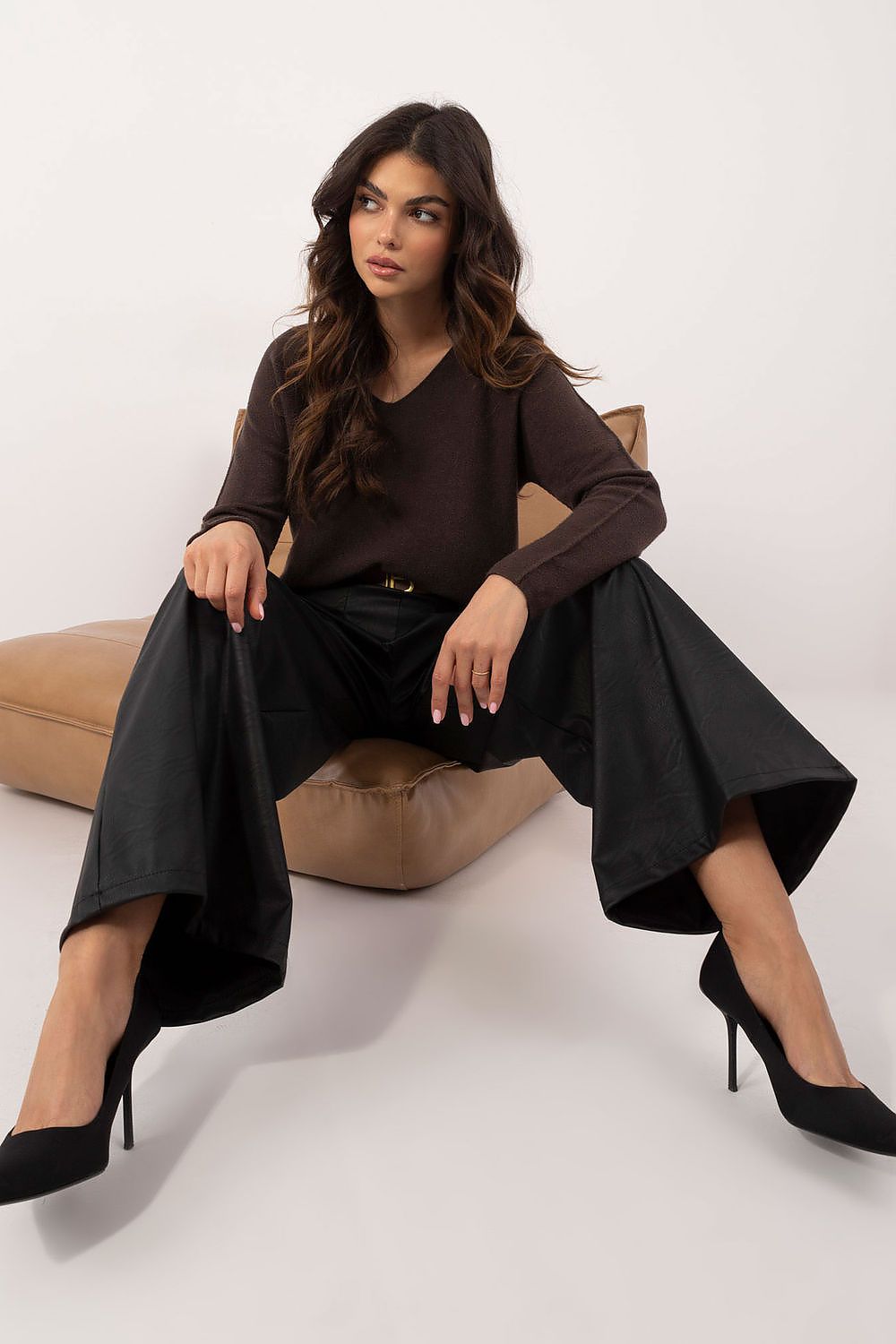 Luxury Eco Leather Wide Leg Trousers with Buckled Waistband for Women - High Rise - EU Size 0