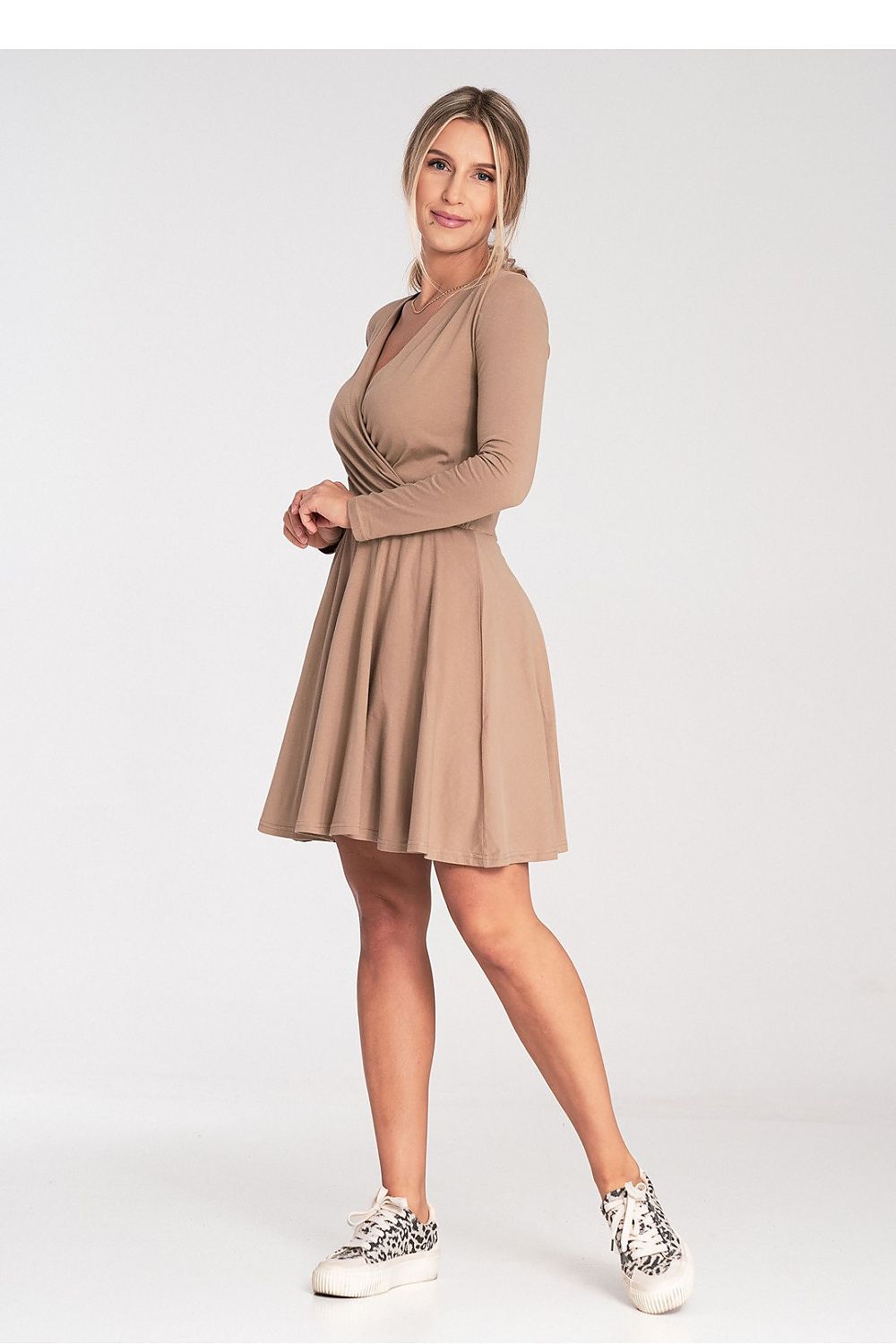 Sophisticated Figl Cotton Dress With Long Sleeves, Flared Hem, Envelope Neckline - Sizes XS To L
