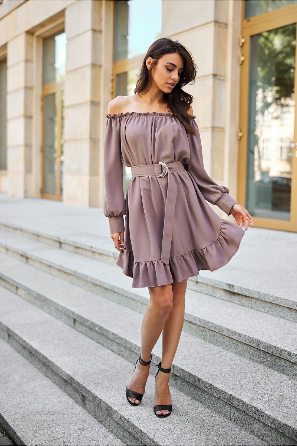 Elegant Roco Fashion Daydress, EU S/M & L/XL, Ruffled Hem, Adjustable Belt, Spanish Neckline, Airy Sleeves