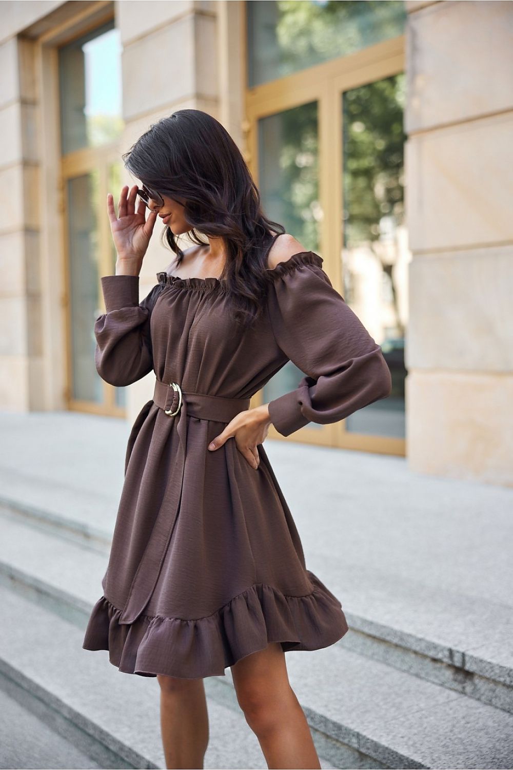 Elegant Roco Fashion Daydress, EU S/M & L/XL, Ruffled Hem, Adjustable Belt, Spanish Neckline, Airy Sleeves
