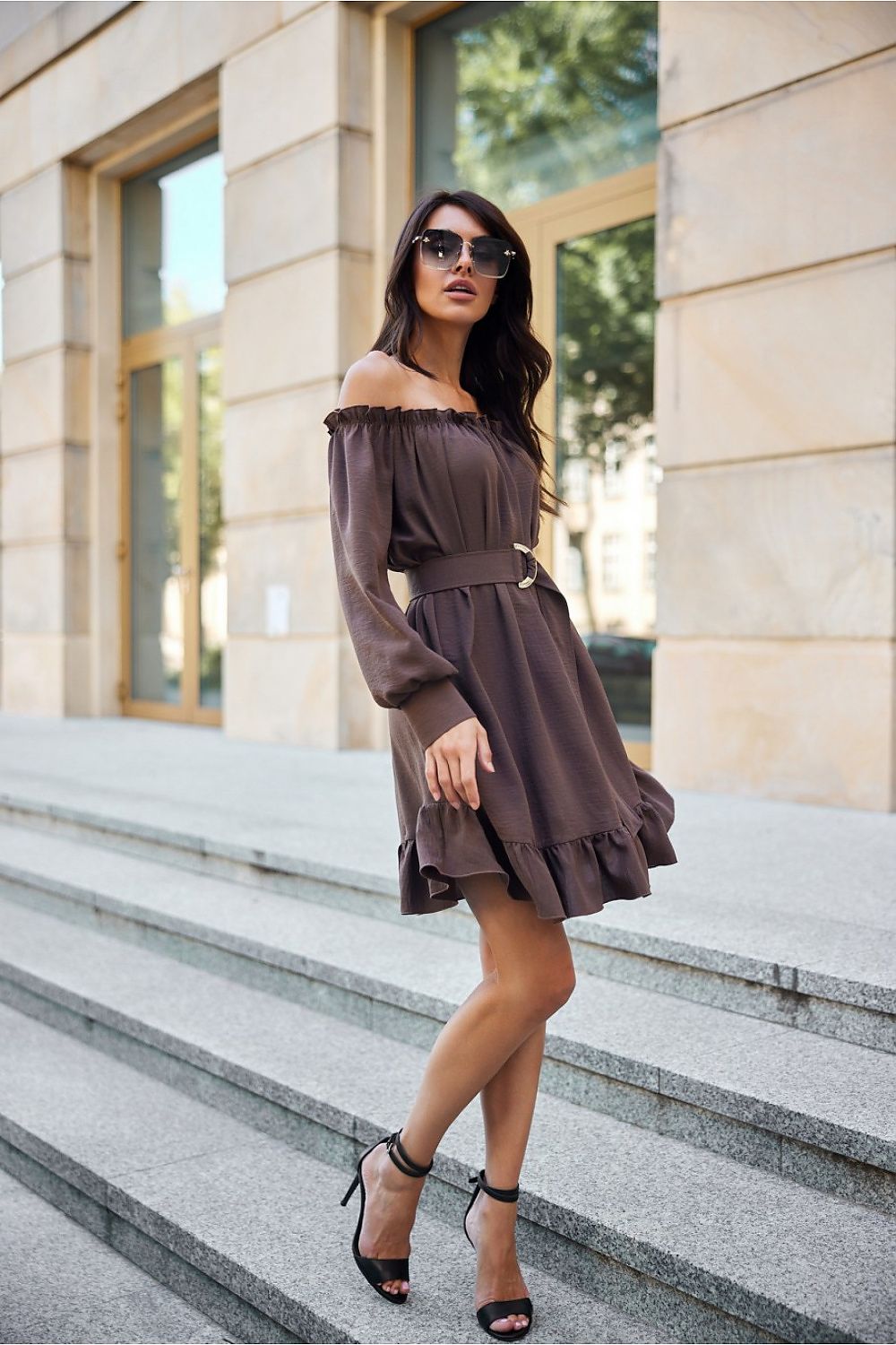 Elegant Roco Fashion Daydress, EU S/M & L/XL, Ruffled Hem, Adjustable Belt, Spanish Neckline, Airy Sleeves