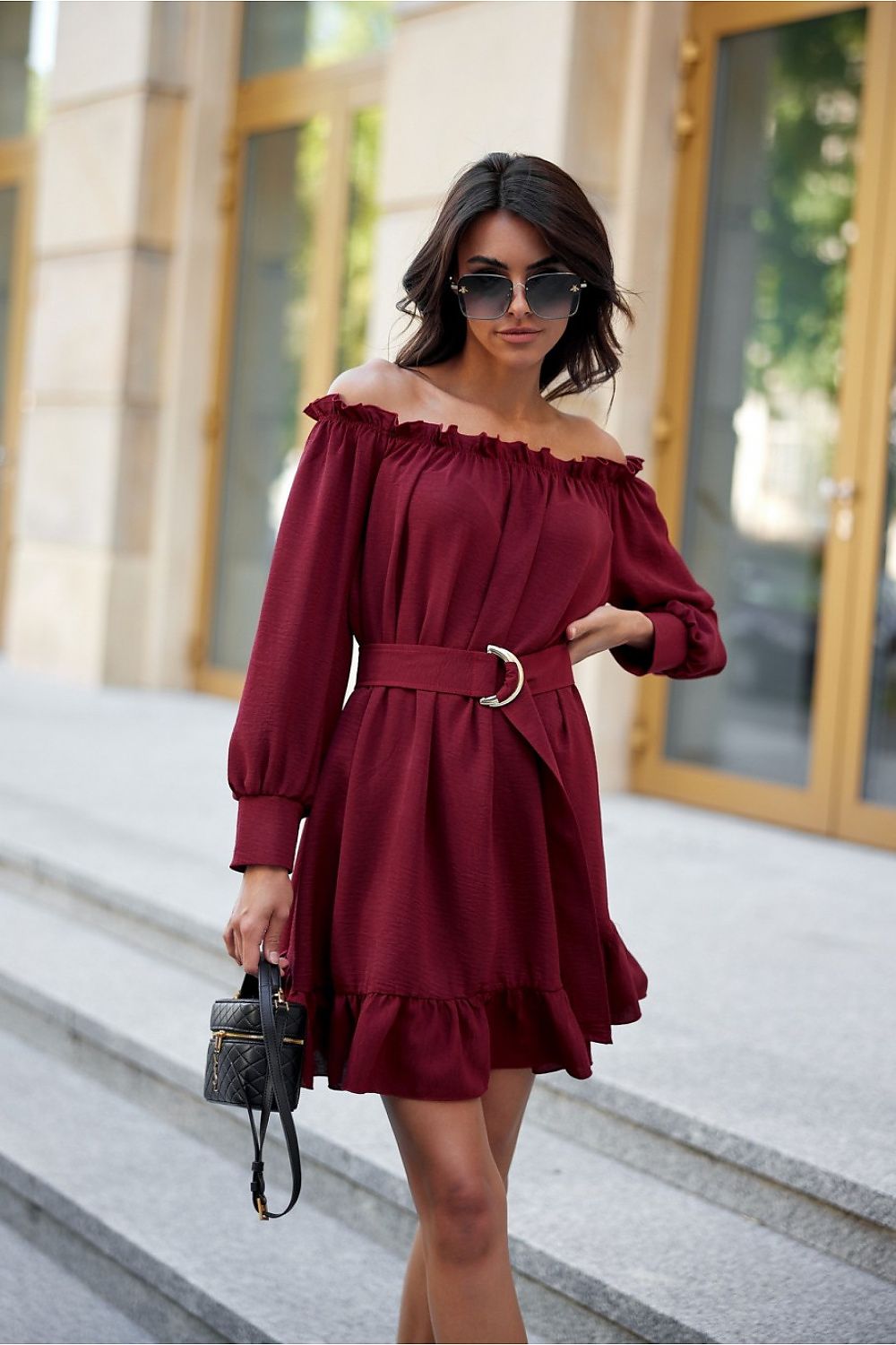 Elegant Roco Fashion Daydress, EU S/M & L/XL, Ruffled Hem, Adjustable Belt, Spanish Neckline, Airy Sleeves