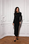 Elegant Roco Fashion Evening Dress EU 36-40: Shiny Accents, Boat Neckline & Statement Leg Slit