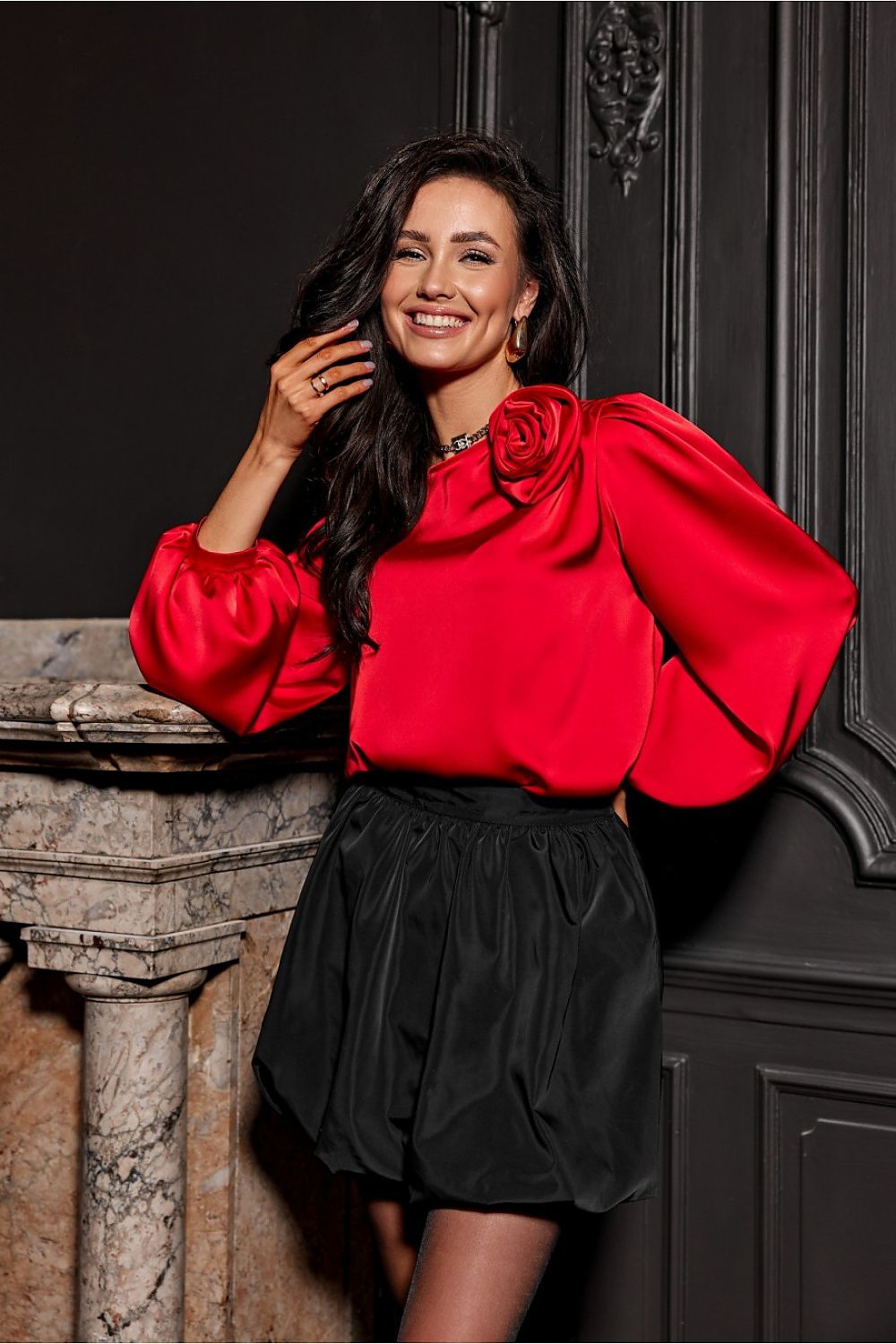 Evelyn Satin Blouse With Rose Detail - Elegant 3/4 Sleeves - Sizes EU 36-42 | Roco Fashion
