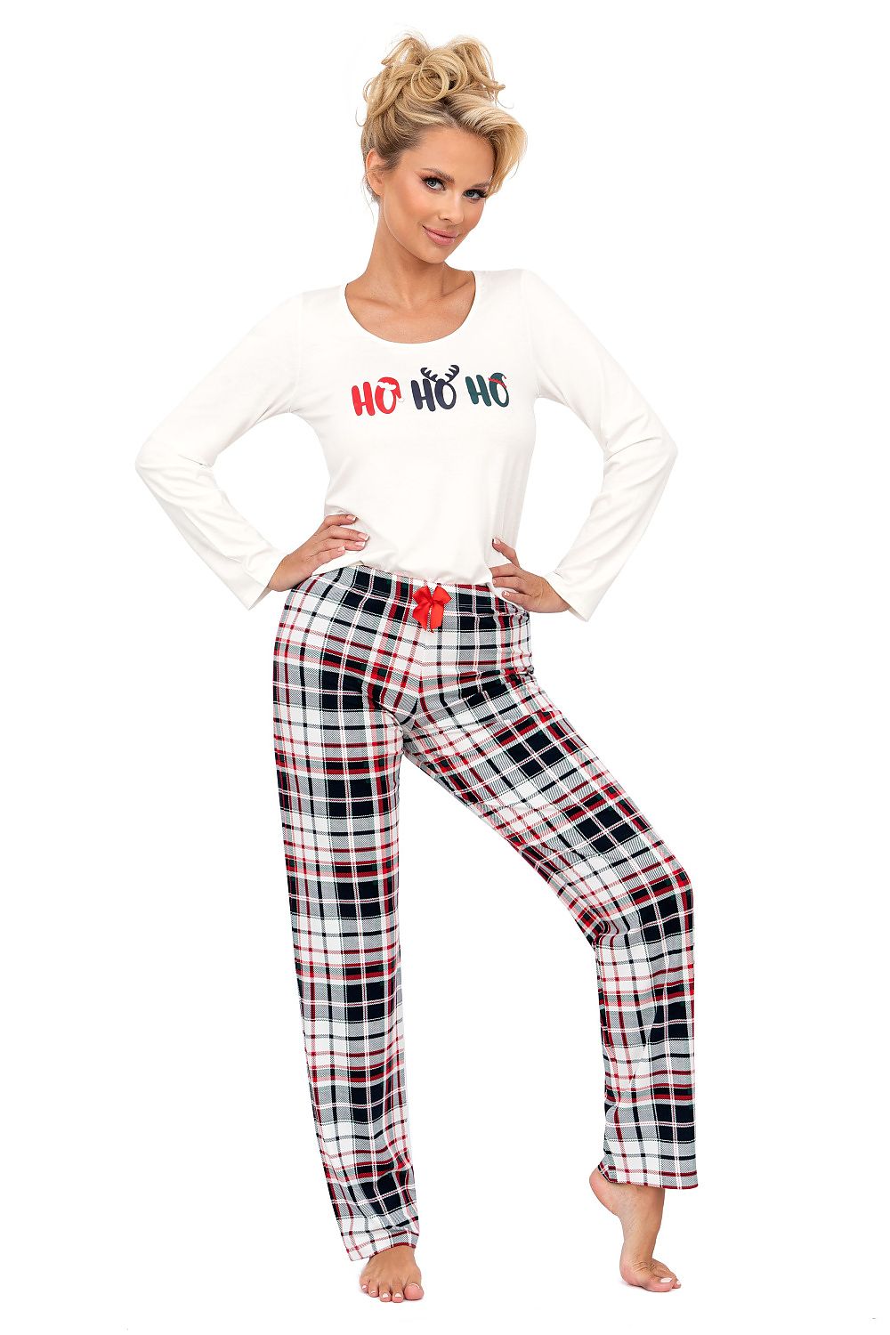 Luxury Women's Cotton Holiday Pyjamas Set, Slogan Top & Classic Check Pants, Sizes EU 36-44