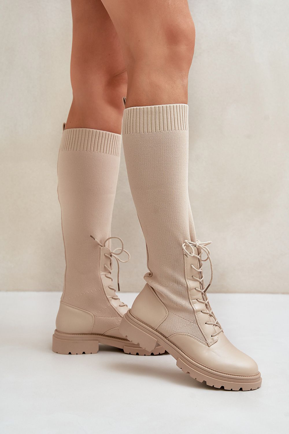 Women's Eco-Leather Thigh-High Boots with Laced Elastic Shaft - 40cm Height, Sizes EU 36-41