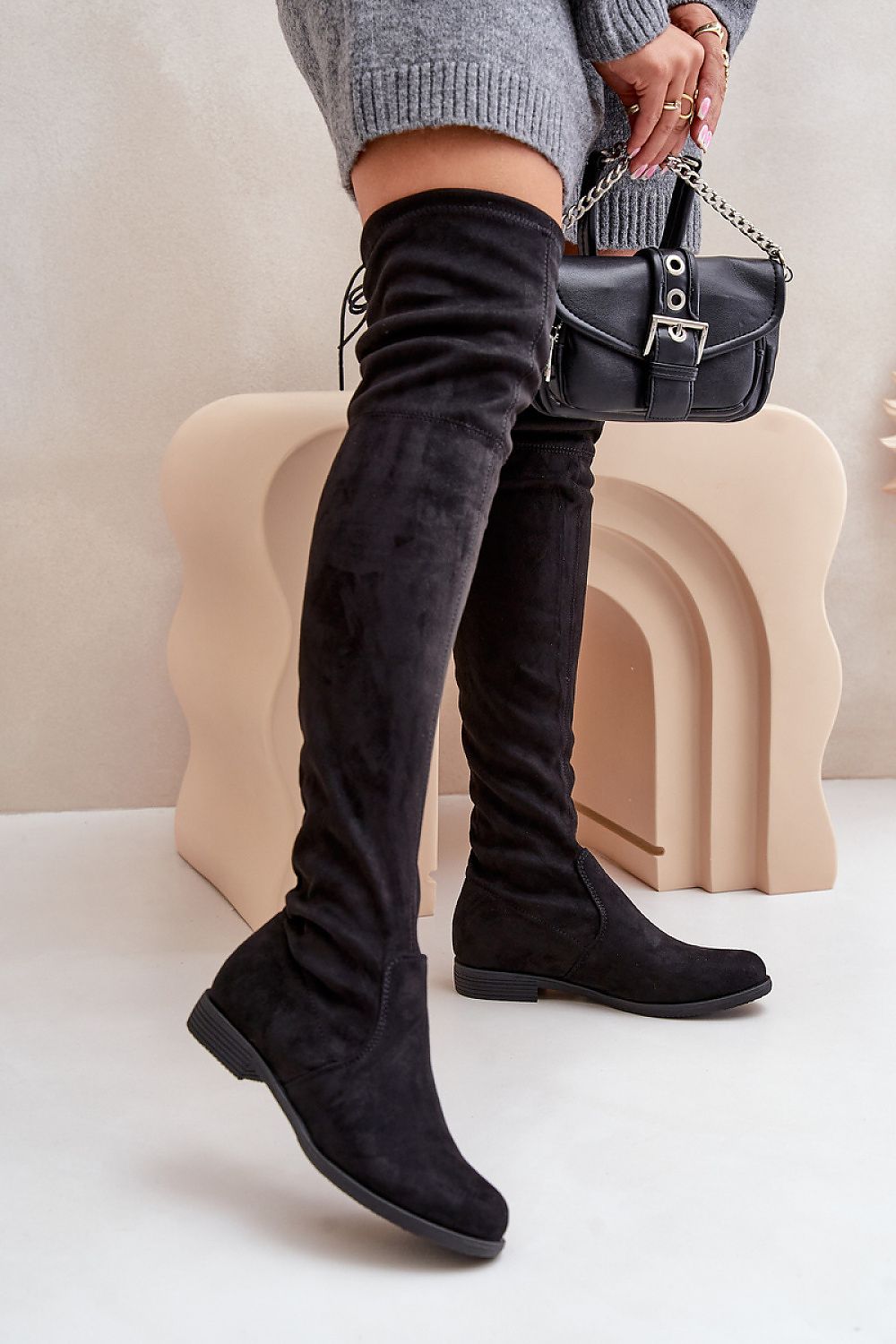 Luxury Women's Thigh-High Boots in Eco Suede, Sizes EU 36-41, Adjustable Upper, Flat Heel