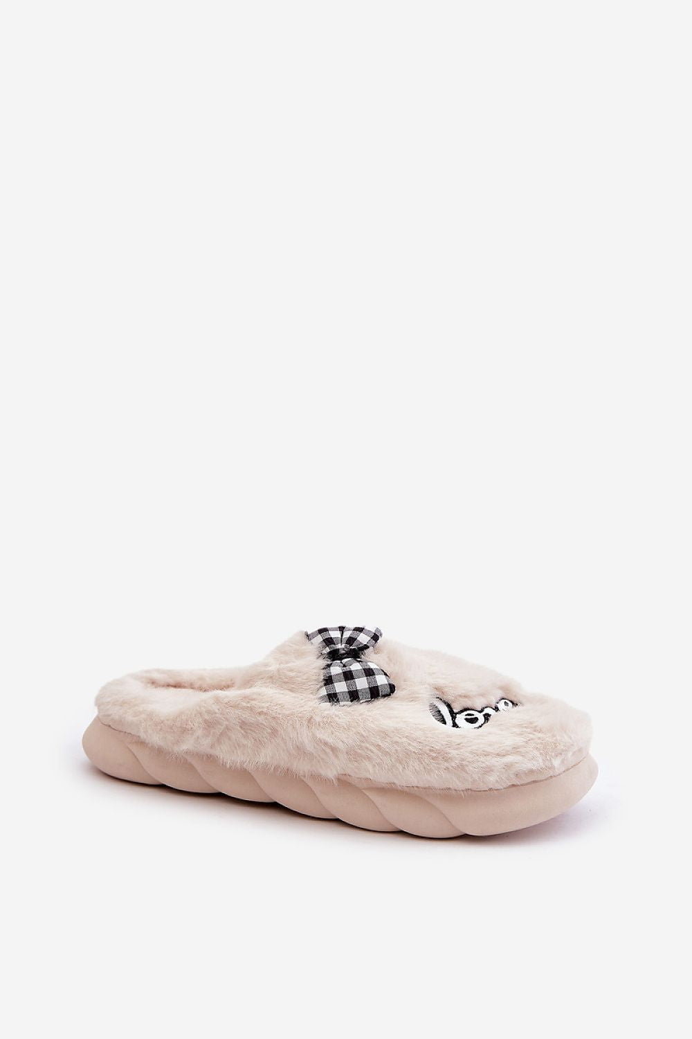 Luxury Fur Women's Slippers with Stylish Patches and Bow – Sizes EU 36/37 to 40/41