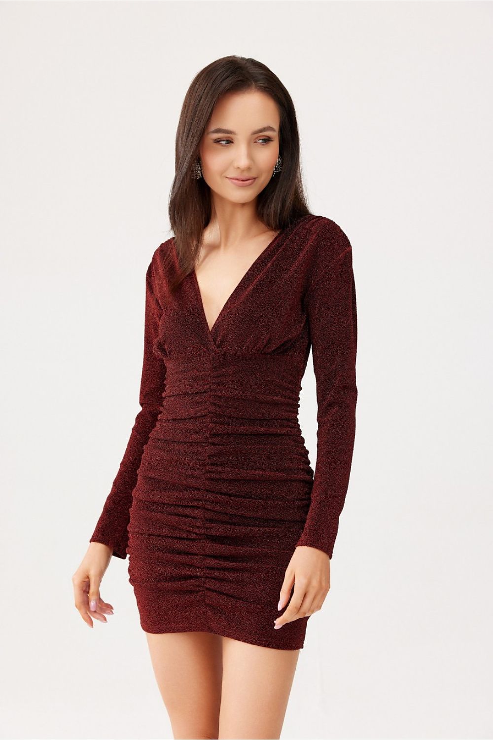 Elegant Roco Fashion Mini Dress in Brocade with V-Neck & Long Sleeves - Sizes EU 36-40