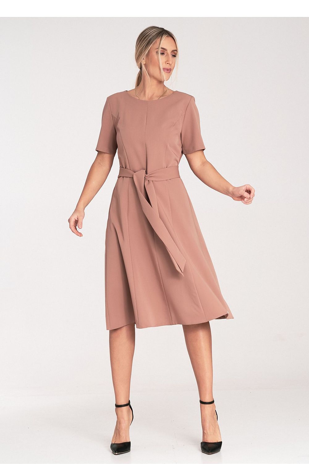 Elegant Figl Classic Midi Dress With Pleats, Boat Neckline, And Belt | Sizes EU S-XL | US S-XL