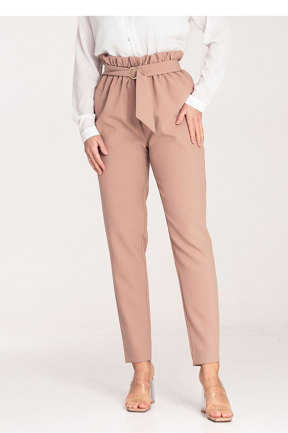 Elegant Women's Figl Trousers with Gold Buckle, EU S-XL | US S-XL, Tapered, Pleated Design