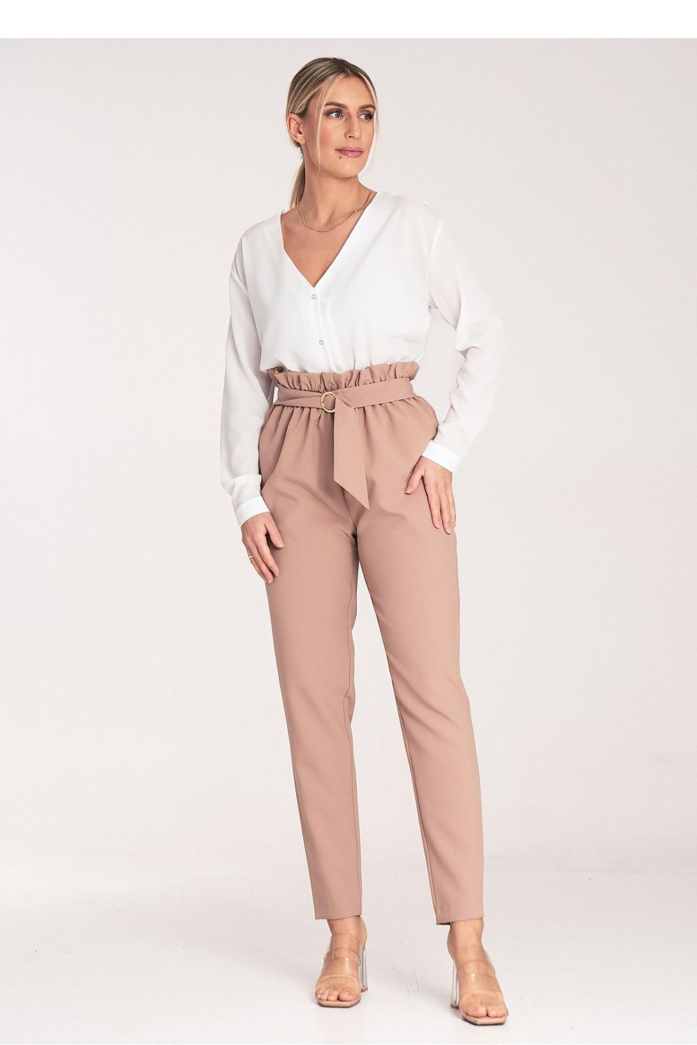 Elegant Women's Figl Trousers with Gold Buckle, EU S-XL | US S-XL, Tapered, Pleated Design
