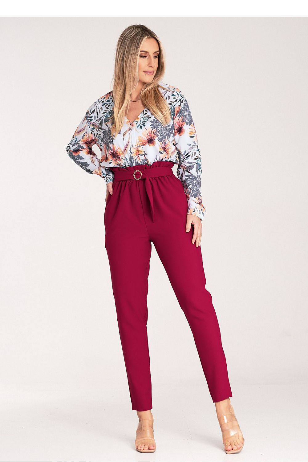 Elegant Women's Figl Trousers with Gold Buckle, EU S-XL | US S-XL, Tapered, Pleated Design