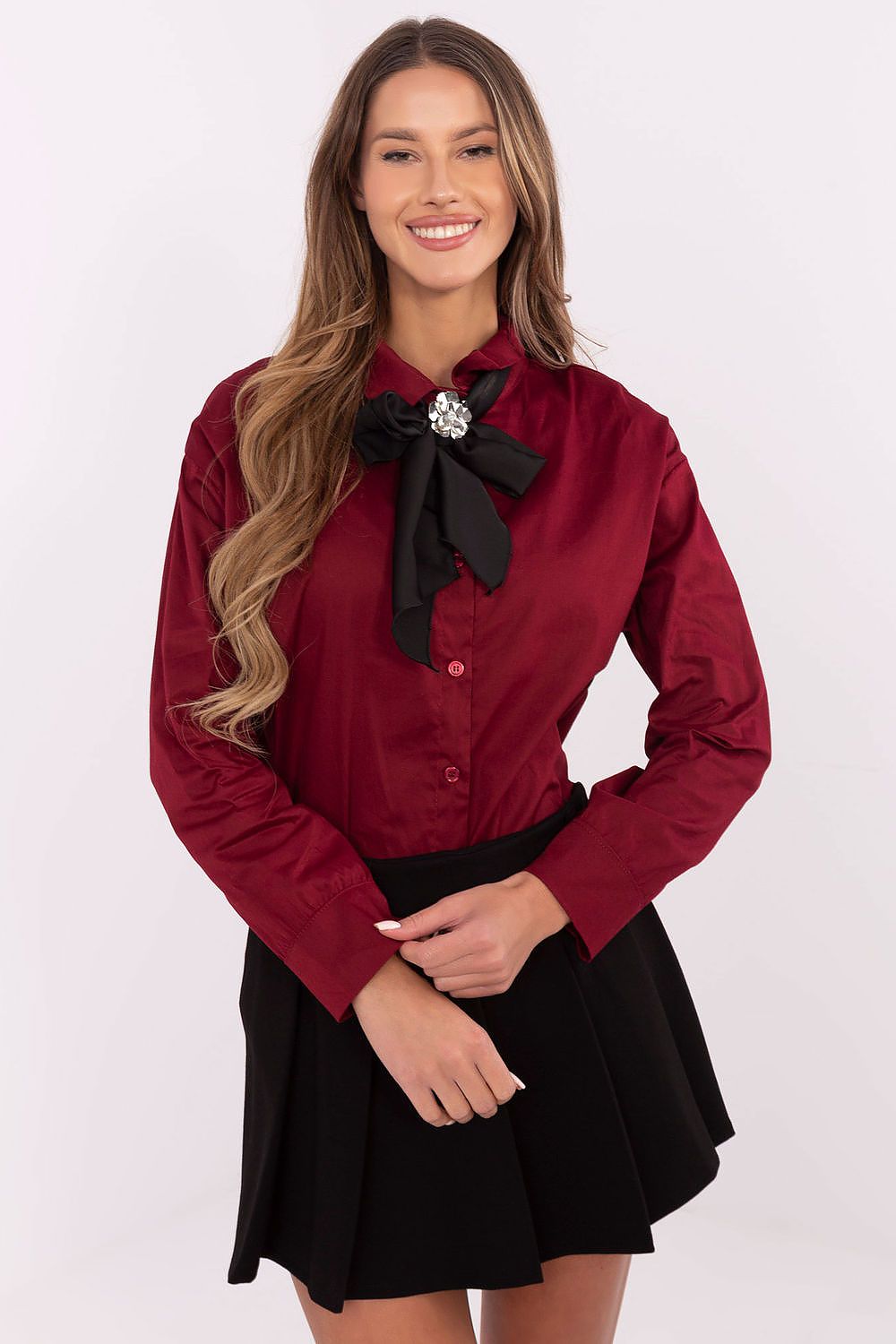 Elegant Long Sleeve Cotton Shirt with Removable Brooch & Scarf - EU Size 0, US Size 2-4 by Italy Moda