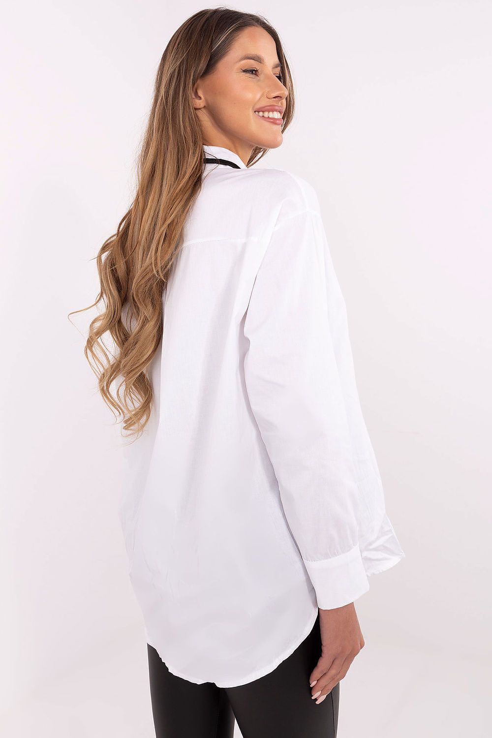 Elegant Long Sleeve Cotton Shirt with Removable Brooch & Scarf - EU Size 0, US Size 2-4 by Italy Moda