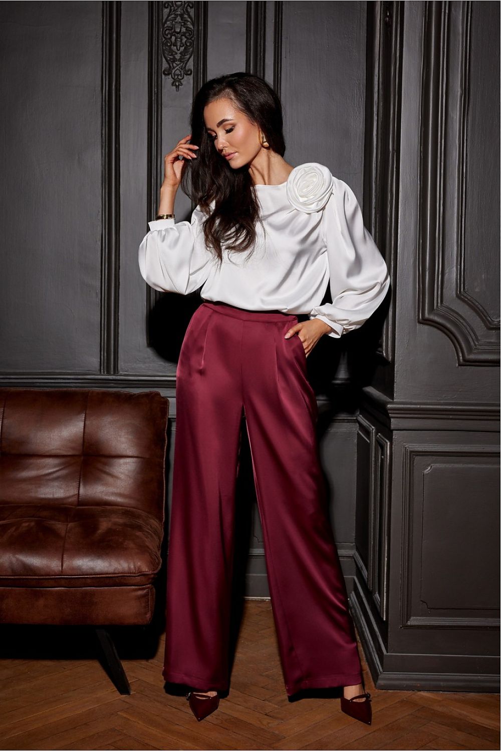 Roco Fashion Elsa Satin Wide-Leg Trousers with High Waist and Pockets for Elegant Occasions