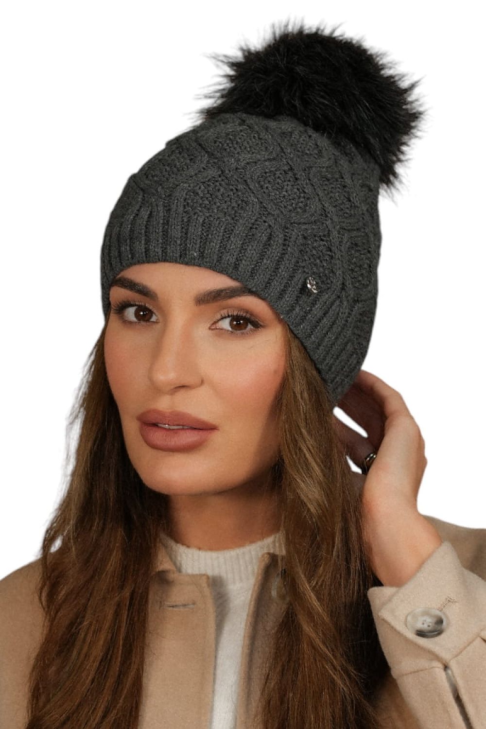 Premium Kamea Lamis Graphite Pom-Pom Hat - Fleece Lined Winter Elegance and Warmth