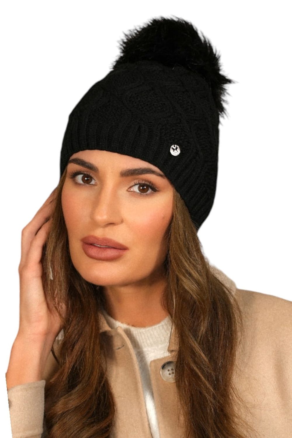 Premium Kamea Lamis Graphite Pom-Pom Hat - Fleece Lined Winter Elegance and Warmth