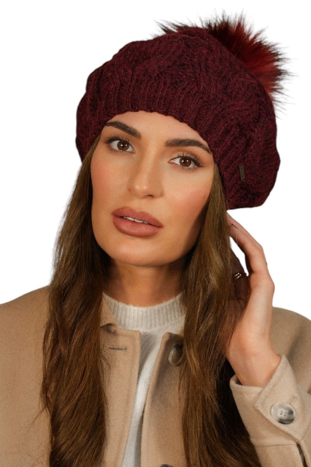 Kamea Zita Premium Women's Burgundy Knit Hat with Pompom - Alpaca Blend for Cozy Elegance