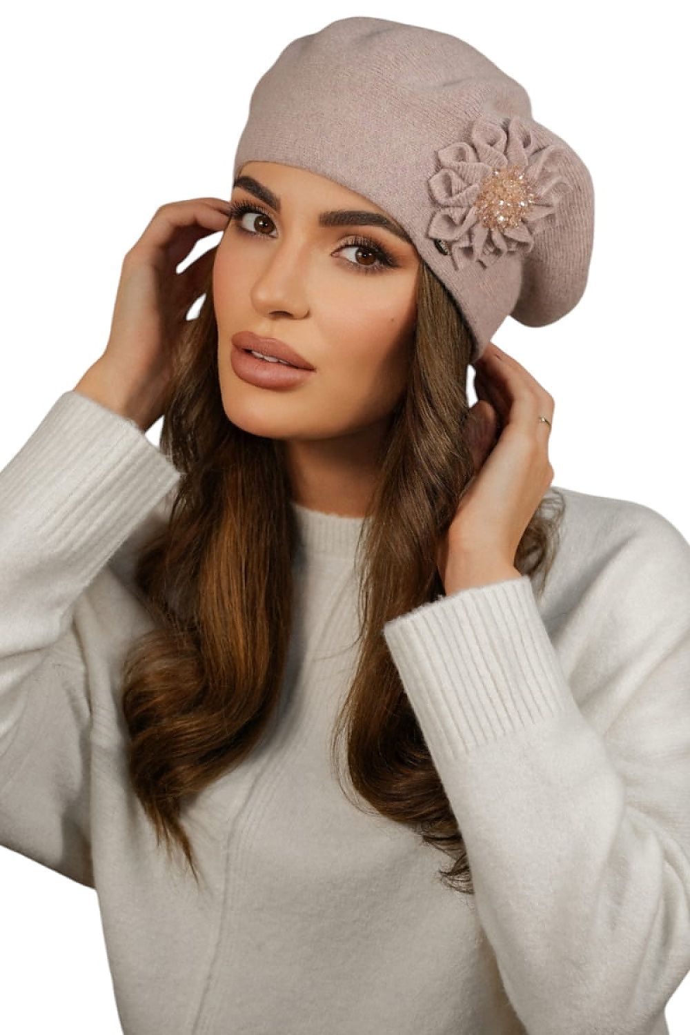 Premium Handmade Kamea Wool Beret With Elegant Peony Flower Decoration And Beading