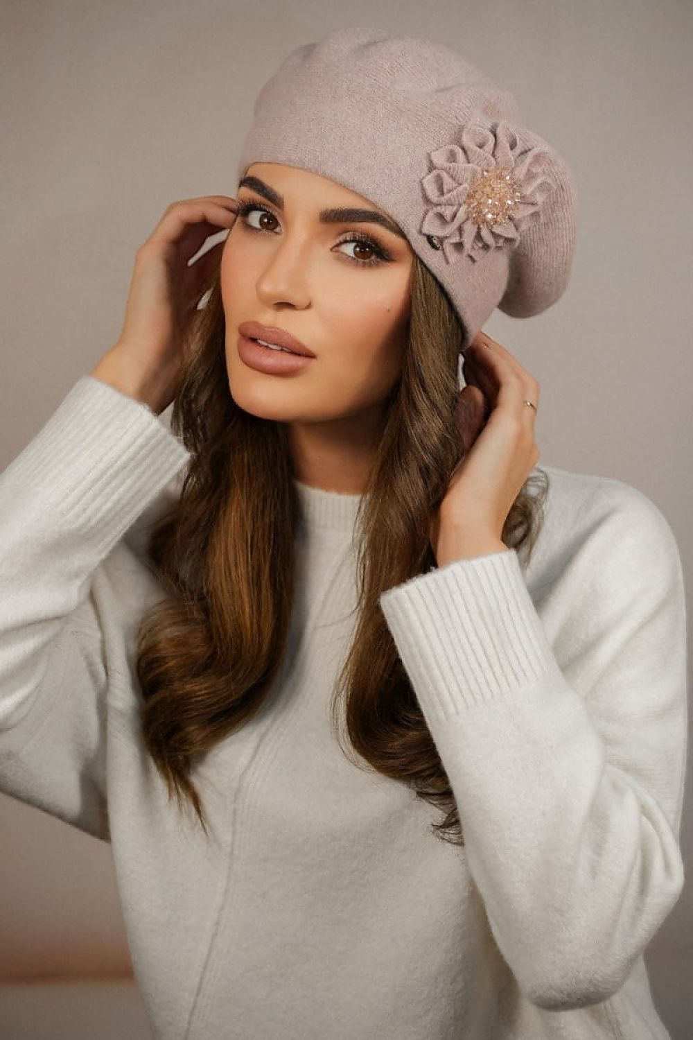 Premium Handmade Kamea Wool Beret With Elegant Peony Flower Decoration And Beading