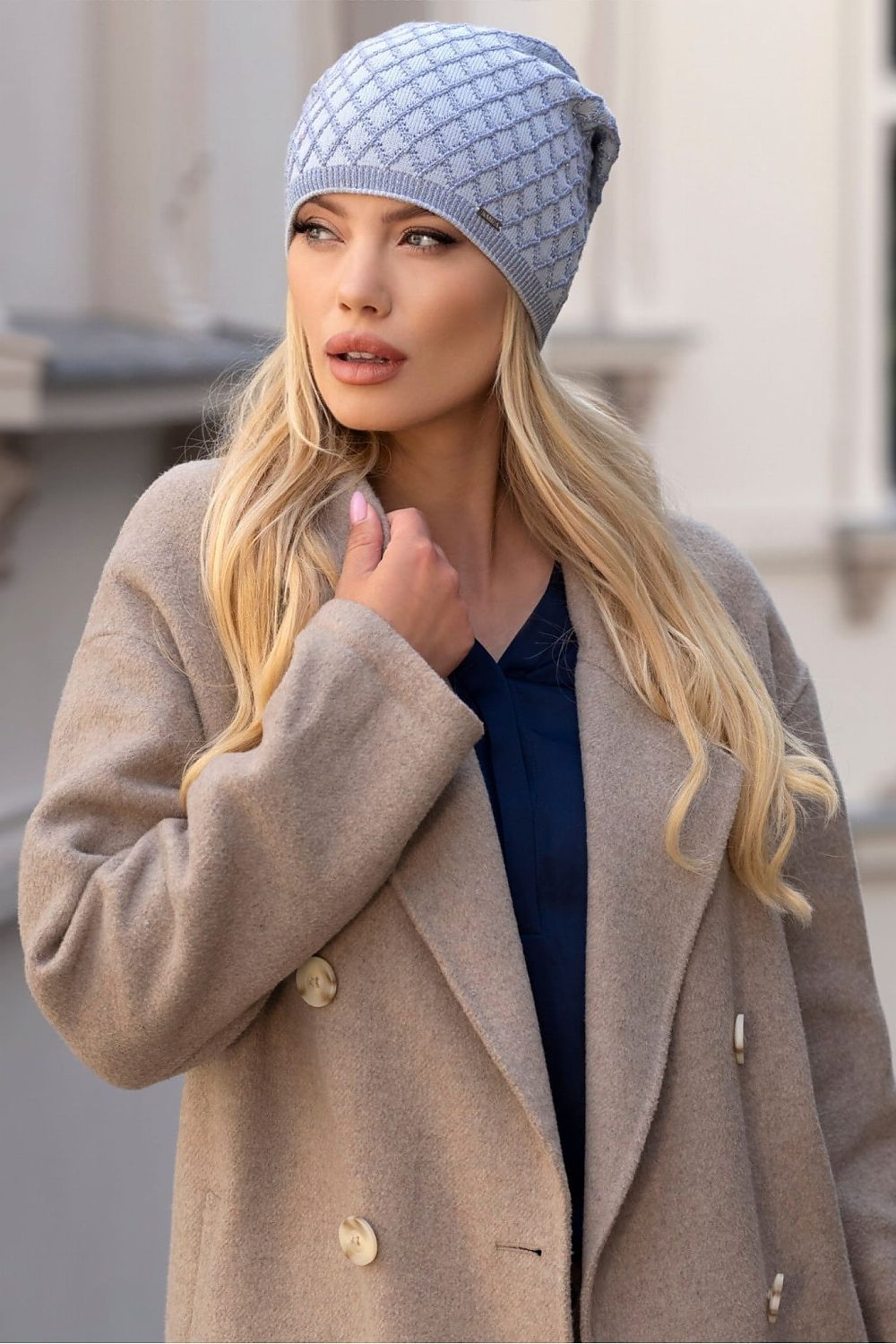 Kamea Premium Centuria Viscose Hat in Blue with Geometric Diamond Pattern, Elegant & Versatile