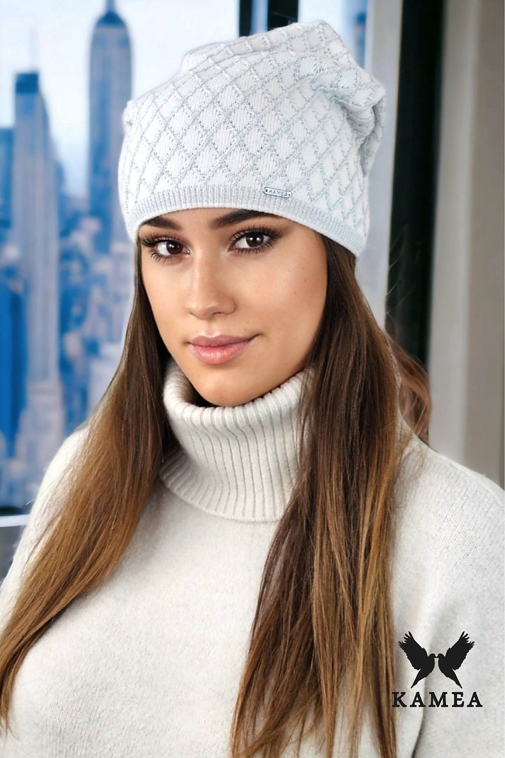 Kamea Premium Centuria Viscose Hat in Blue with Geometric Diamond Pattern, Elegant & Versatile