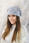 Premium Elegant Gray Angora Beret With Floral Fur Trim And Zircon Embellishments