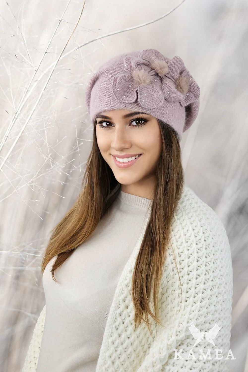 Premium Elegant Gray Angora Beret With Floral Fur Trim And Zircon Embellishments