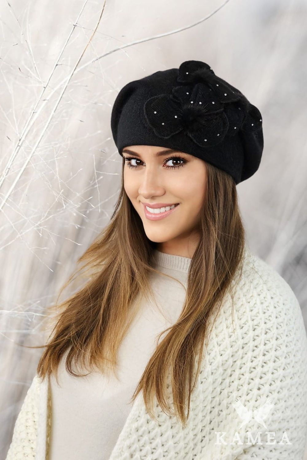Premium Elegant Gray Angora Beret With Floral Fur Trim And Zircon Embellishments
