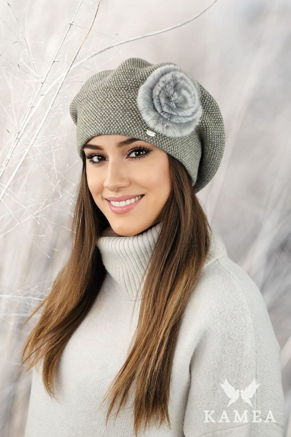 Premium SASANKA Pepita Beret With Rabbit Fur Decoration - Elegant Wool Blend Hat for Winter Chic