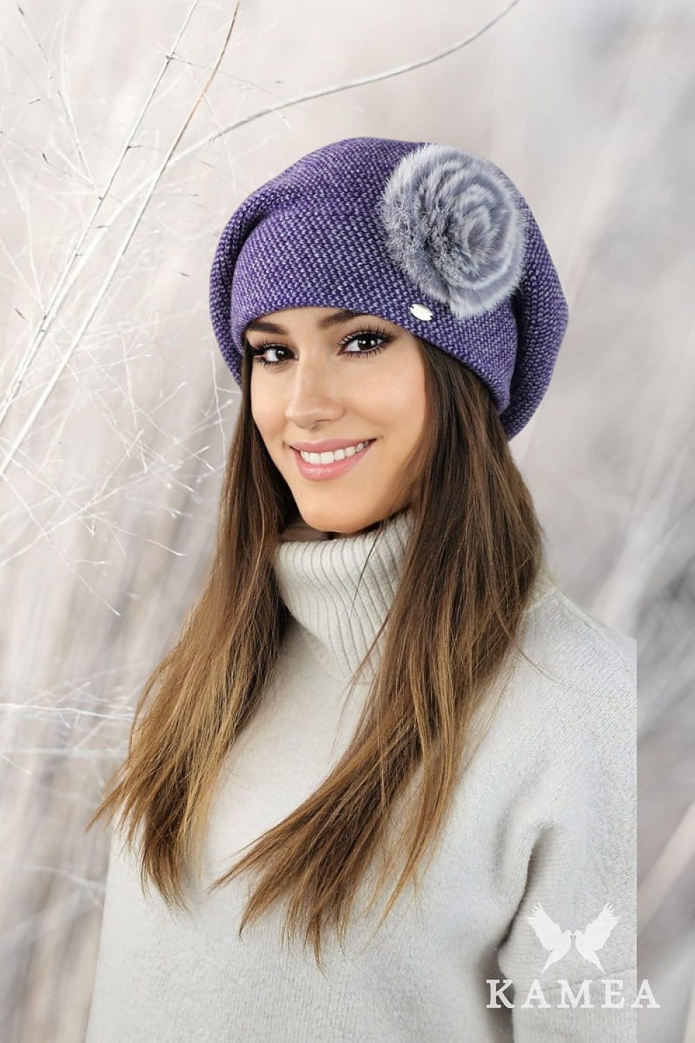 Premium SASANKA Pepita Beret With Rabbit Fur Decoration - Elegant Wool Blend Hat for Winter Chic