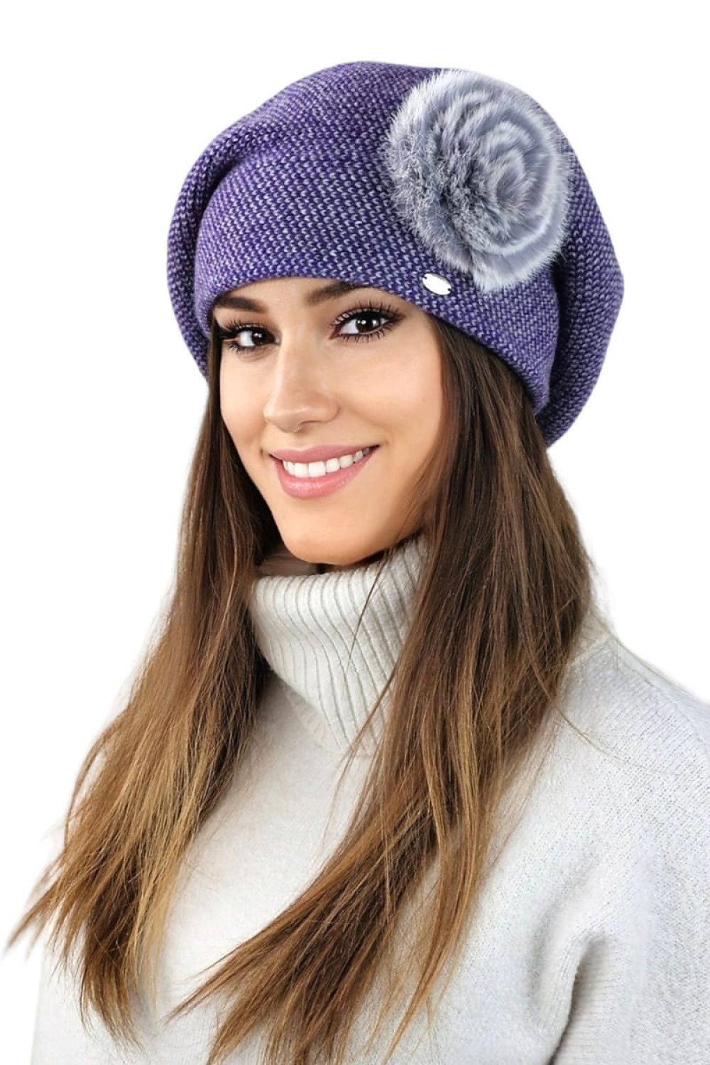 Premium SASANKA Pepita Beret With Rabbit Fur Decoration - Elegant Wool Blend Hat for Winter Chic