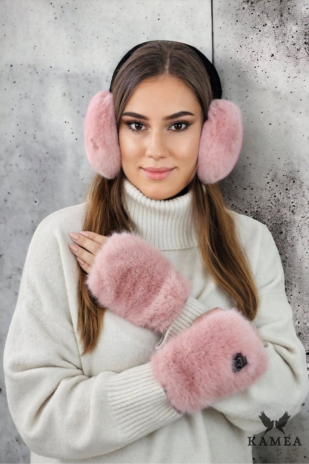 Premium Kamea Aster Faux Fur Earflaps Earmuffs - Soft, Foldable Design in Elegant Pink