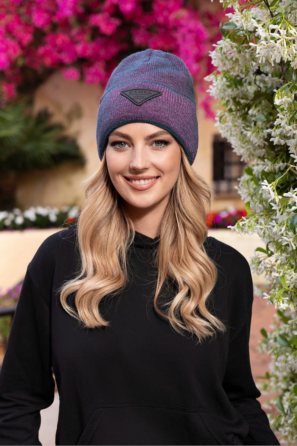 Kamea Premium Naomi Beanie - Luxurious Two-Tone Winter Hat with Eco-Leather Patch