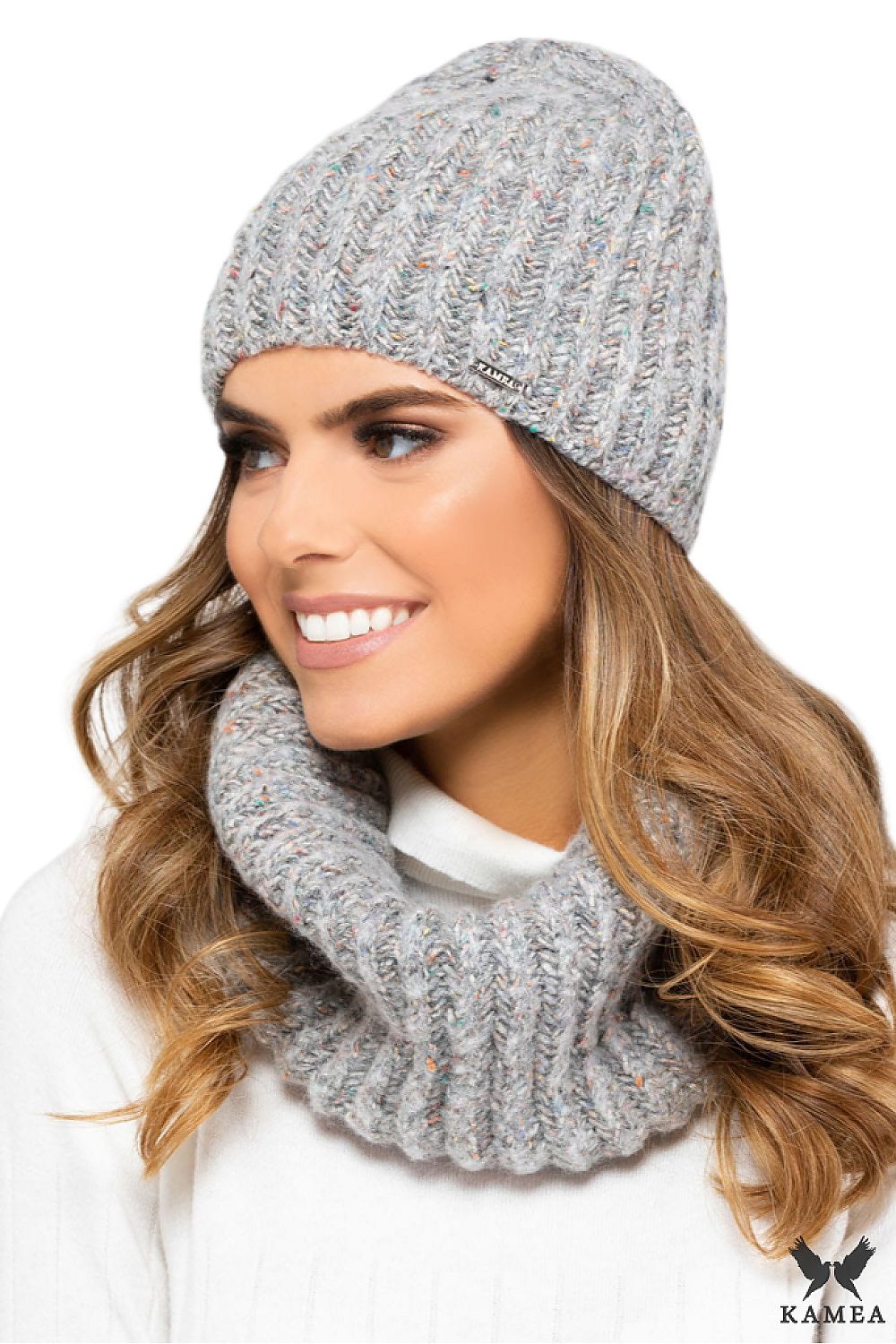 Kamea Alicante Premium Women's Luxury Winter Set: Light Grey Silk Blend Hat & Scarf