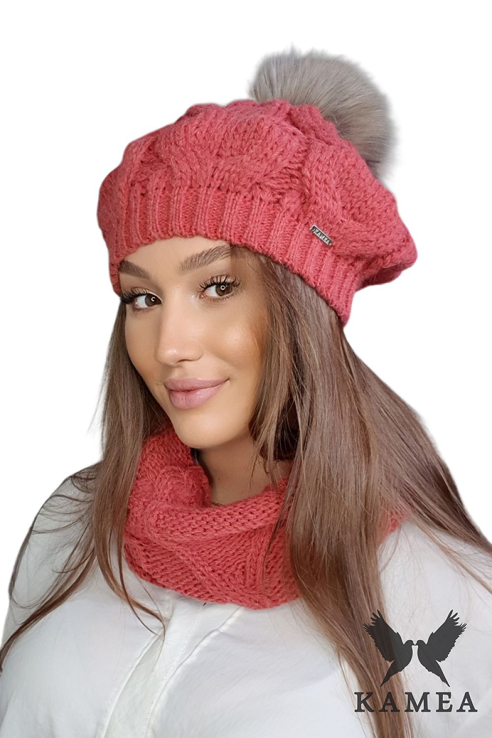 Premium Kamea Fuchsia Women’s Beret and Neck Warmer Set with Fur Pom Pom and Luxurious Warmth