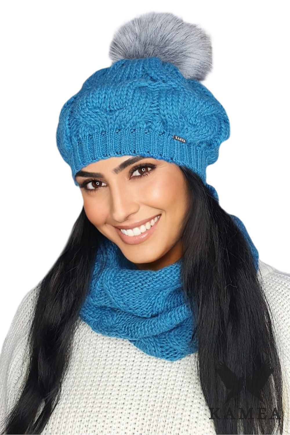 Premium Kamea Fuchsia Women’s Beret and Neck Warmer Set with Fur Pom Pom and Luxurious Warmth
