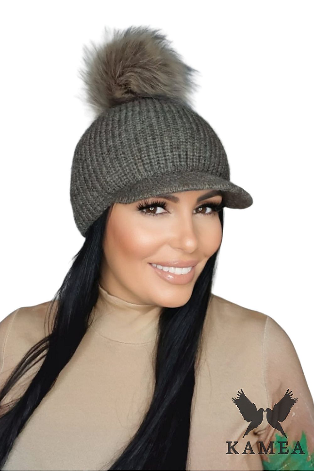Premium Burgundy Winter Women's Hat with Mohair and Fluffy Pompon - Kamea Cap
