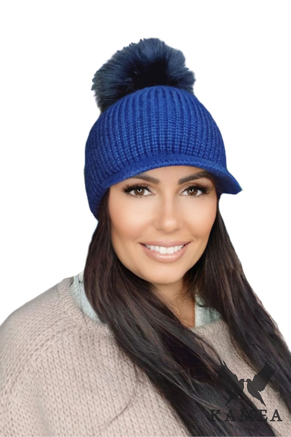 Premium Burgundy Winter Women's Hat with Mohair and Fluffy Pompon - Kamea Cap