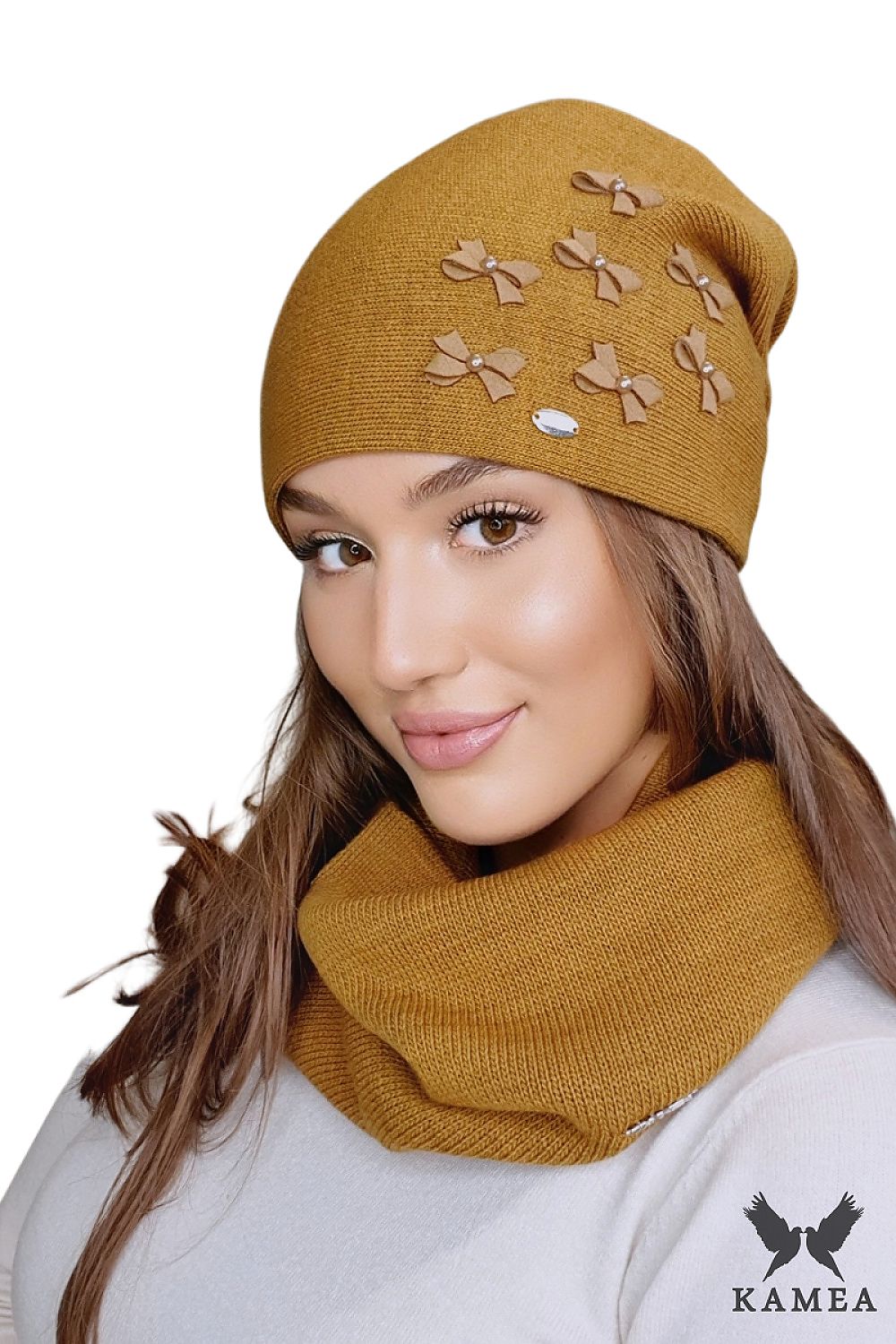 Premium Kamea Cyriа Mustard Women's Hat with Pleated Design and Pearl Accents