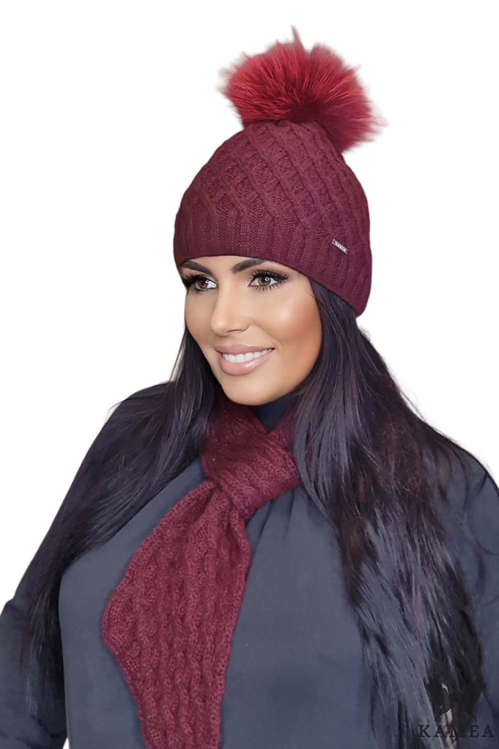 Premium Burgundy Mohair Wool Pom-Pom Hat for Women by Kamea - Shakti Noble Beauty Collection