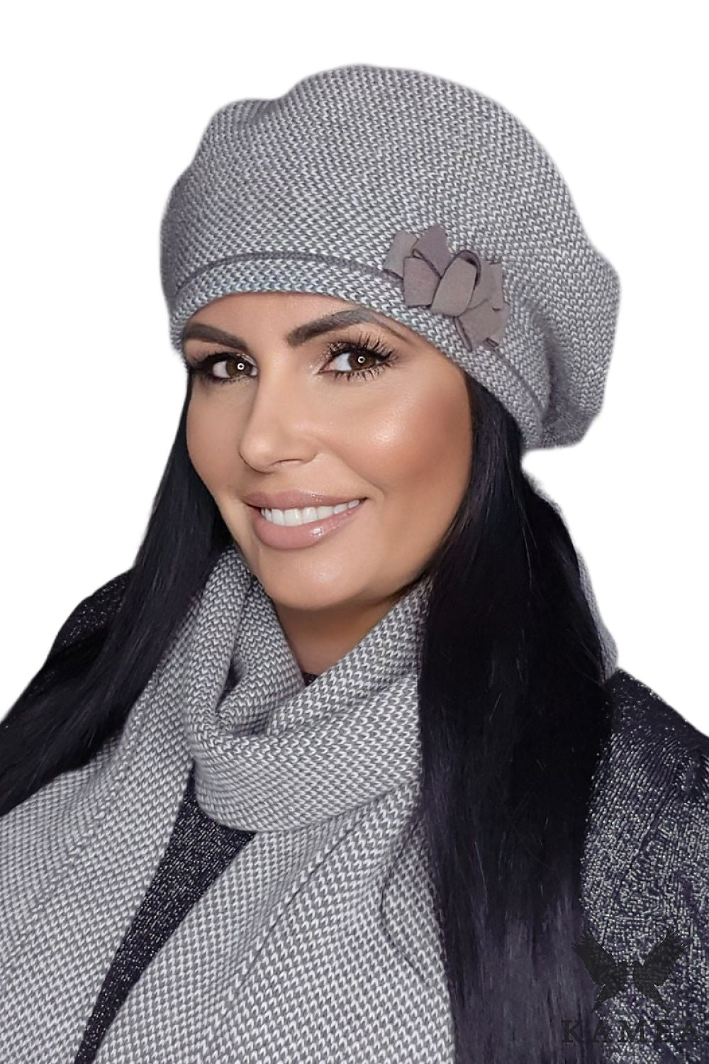 Premium Helena Navy Blue Houndstooth Beret with Bow by Kamea - Elegant Women's Accessory