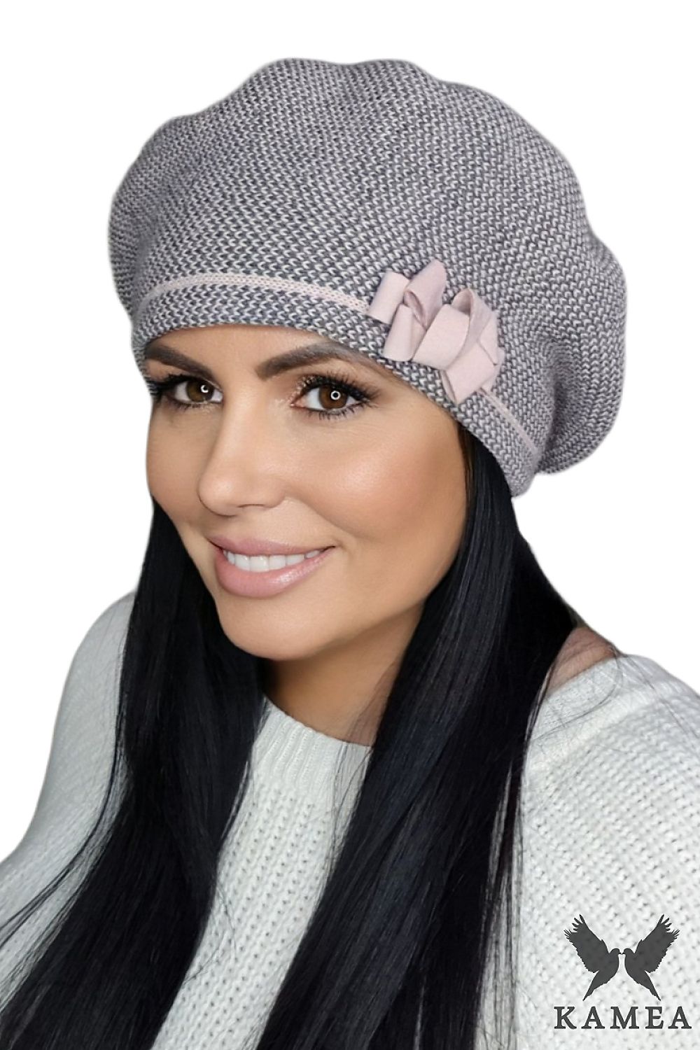 Premium Helena Navy Blue Houndstooth Beret with Bow by Kamea - Elegant Women's Accessory
