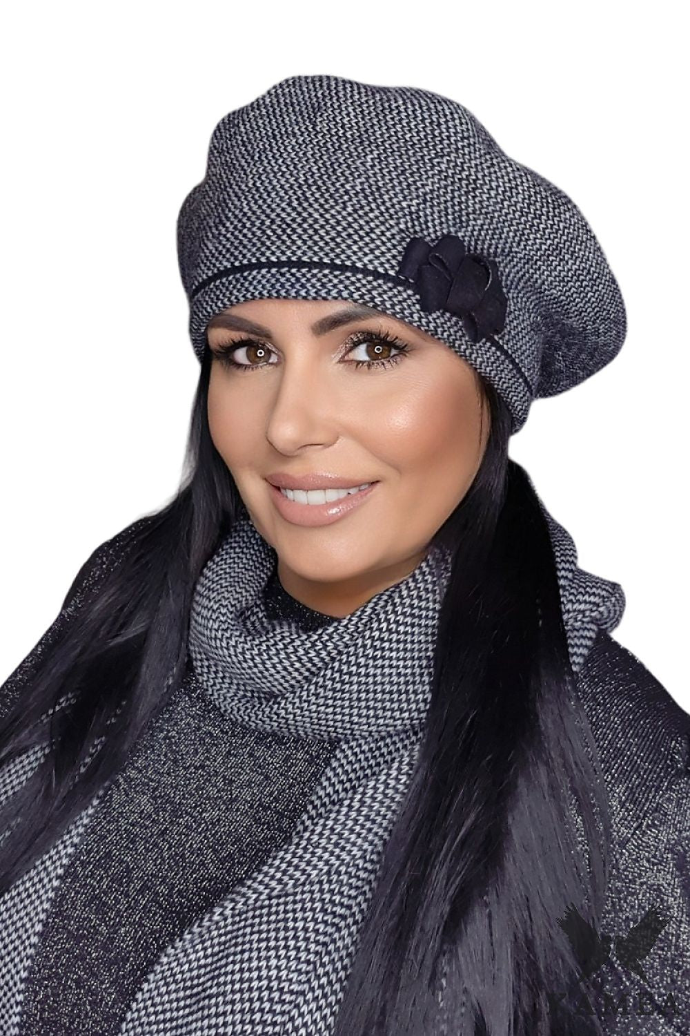 Premium Helena Navy Blue Houndstooth Beret with Bow by Kamea - Elegant Women's Accessory