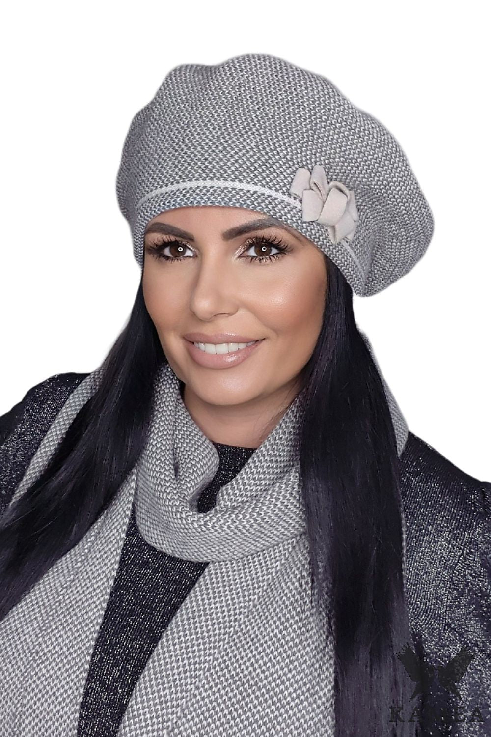 Premium Helena Navy Blue Houndstooth Beret with Bow by Kamea - Elegant Women's Accessory